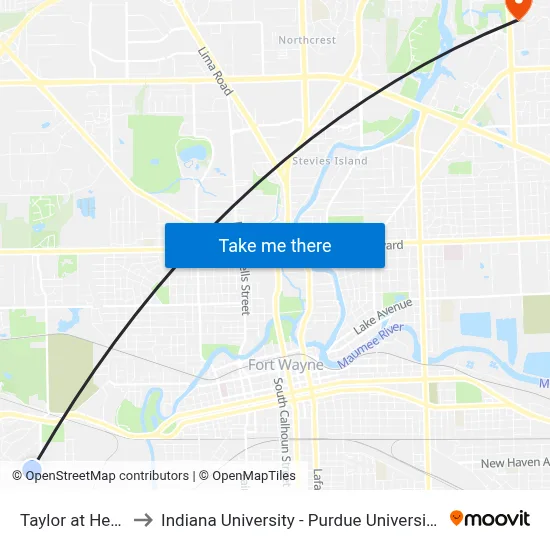 Taylor at Henrietta to Indiana University - Purdue University Fort Wayne map