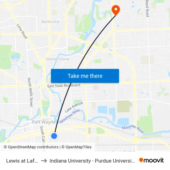 Lewis at Lafayette to Indiana University - Purdue University Fort Wayne map