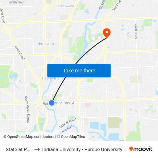 State at Parnell to Indiana University - Purdue University Fort Wayne map