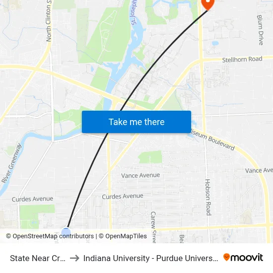 State Near Crescent to Indiana University - Purdue University Fort Wayne map