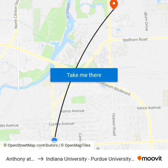 Anthony at Lynn to Indiana University - Purdue University Fort Wayne map
