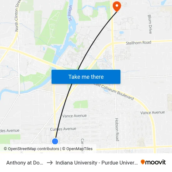 Anthony at Dodge (Sb) to Indiana University - Purdue University Fort Wayne map