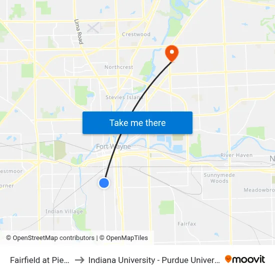 Fairfield at Pierce (Nb) to Indiana University - Purdue University Fort Wayne map