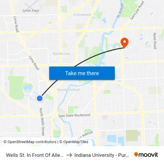 Wells St. In Front Of Allen Co Juvenile Center (Sb) to Indiana University - Purdue University Fort Wayne map