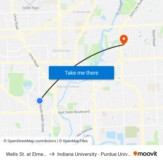 Wells St. at Elmer Ave. (Sb) to Indiana University - Purdue University Fort Wayne map