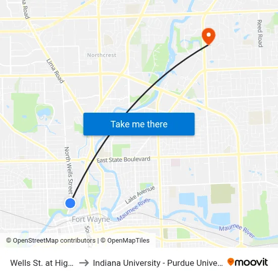 Wells St. at High St. (Sb) to Indiana University - Purdue University Fort Wayne map