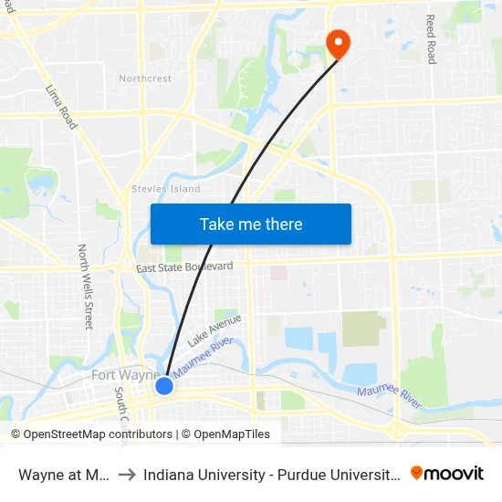 Wayne at Monroe to Indiana University - Purdue University Fort Wayne map