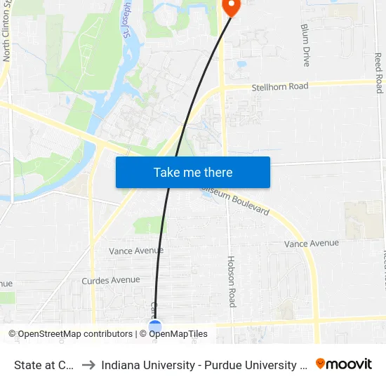 State at Carew to Indiana University - Purdue University Fort Wayne map
