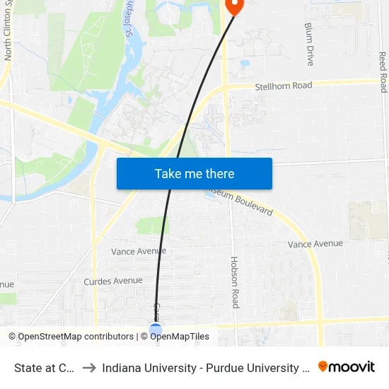 State at Carew to Indiana University - Purdue University Fort Wayne map