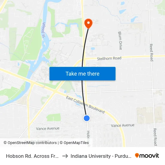 Hobson Rd. Across From Varsity Lane (Sb) to Indiana University - Purdue University Fort Wayne map