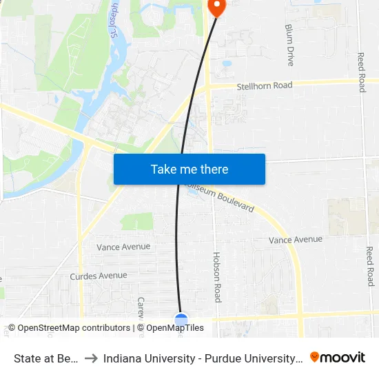 State at Beacon to Indiana University - Purdue University Fort Wayne map