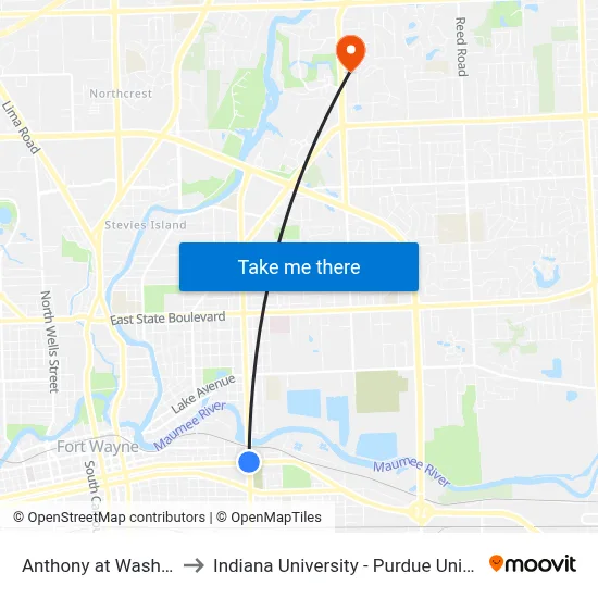 Anthony at Washington (Sb) to Indiana University - Purdue University Fort Wayne map
