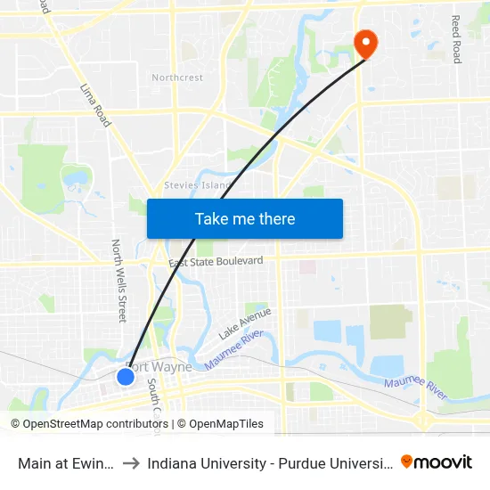 Main at Ewing (Wb) to Indiana University - Purdue University Fort Wayne map
