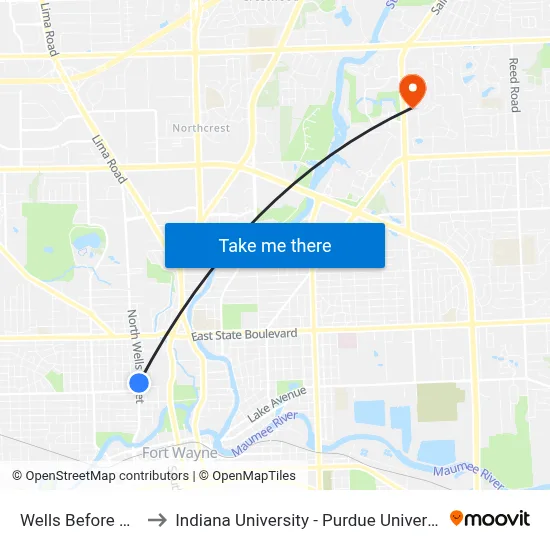 Wells Before Huffman to Indiana University - Purdue University Fort Wayne map