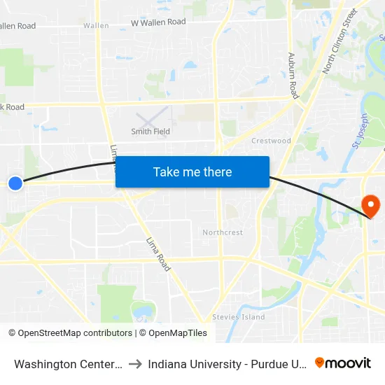 Washington Center at N Oak Blvd to Indiana University - Purdue University Fort Wayne map