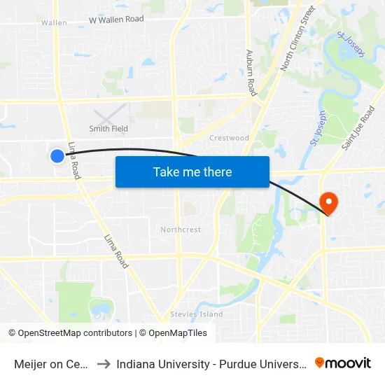 Meijer on Center Rd to Indiana University - Purdue University Fort Wayne map