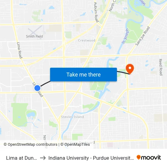Lima at Dunn (Sb) to Indiana University - Purdue University Fort Wayne map