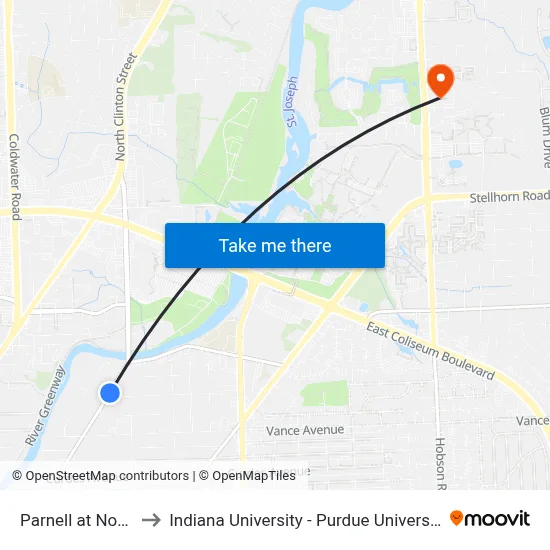 Parnell at Northlawn to Indiana University - Purdue University Fort Wayne map