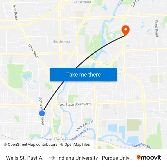 Wells St. Past Archer Ave. to Indiana University - Purdue University Fort Wayne map