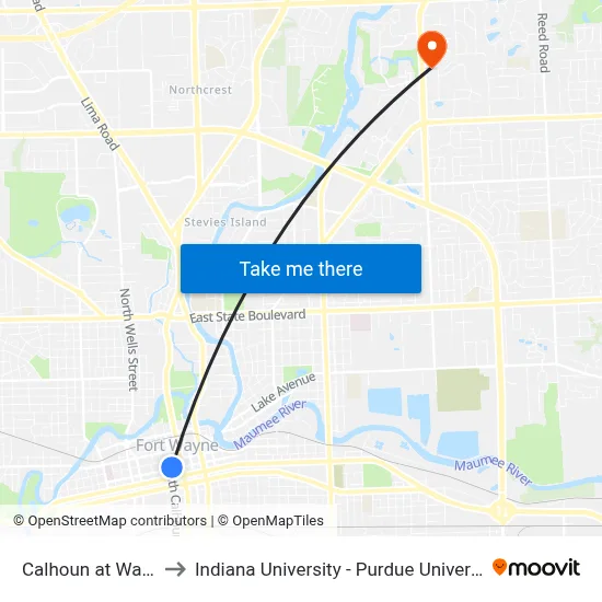 Calhoun at Wayne (Sb) to Indiana University - Purdue University Fort Wayne map