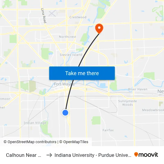 Calhoun Near Wildwood to Indiana University - Purdue University Fort Wayne map