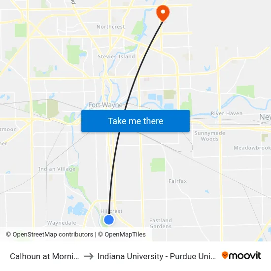 Calhoun at Morningside (Sb) to Indiana University - Purdue University Fort Wayne map