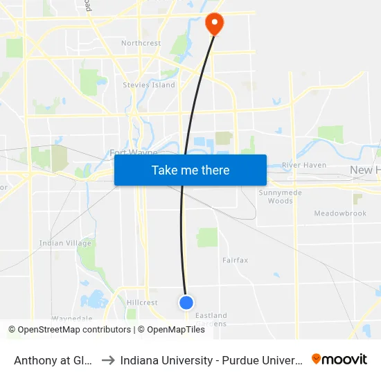 Anthony at Gladstone to Indiana University - Purdue University Fort Wayne map