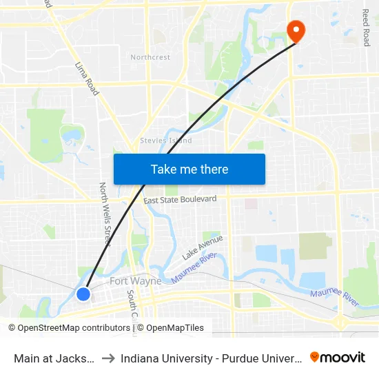 Main at Jackson (Wb) to Indiana University - Purdue University Fort Wayne map