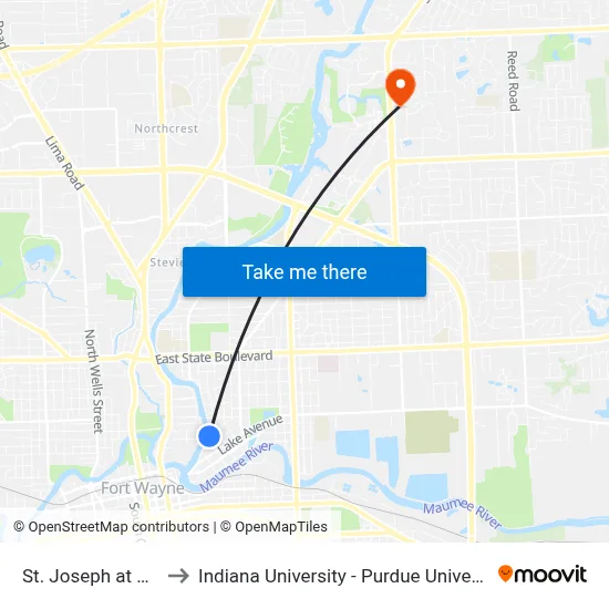 St. Joseph at Elmwood to Indiana University - Purdue University Fort Wayne map