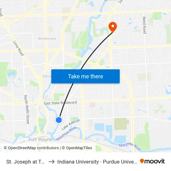 St. Joseph at Tennessee to Indiana University - Purdue University Fort Wayne map