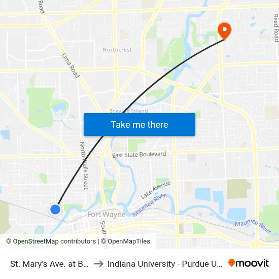 St. Mary's Ave. at Burgess St (Sb) to Indiana University - Purdue University Fort Wayne map