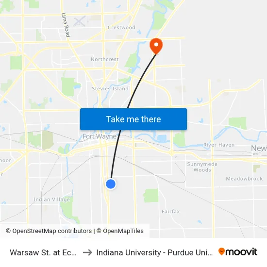 Warsaw St. at Eckart St. (Sb) to Indiana University - Purdue University Fort Wayne map