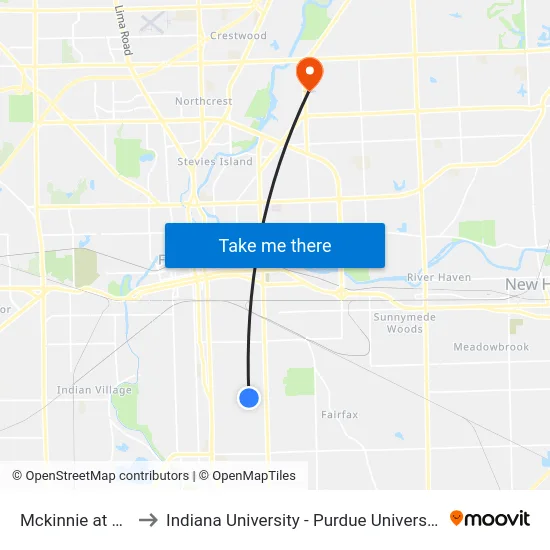 Mckinnie at Bowser to Indiana University - Purdue University Fort Wayne map