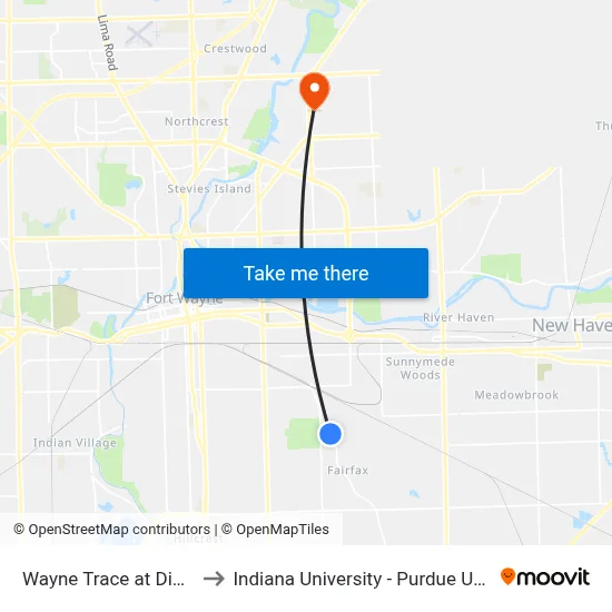 Wayne Trace at Diplomat Dr (Sb) to Indiana University - Purdue University Fort Wayne map