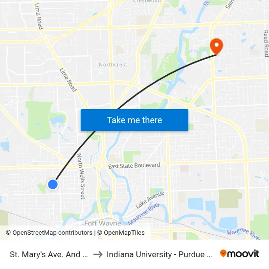 St. Mary's Ave. And Putnam St. (Sb) to Indiana University - Purdue University Fort Wayne map