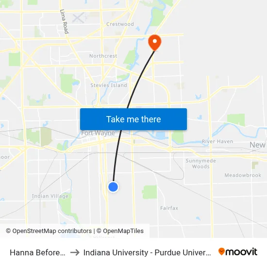 Hanna Before Oxford to Indiana University - Purdue University Fort Wayne map