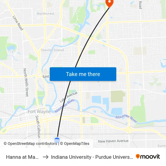 Hanna at Masterson to Indiana University - Purdue University Fort Wayne map