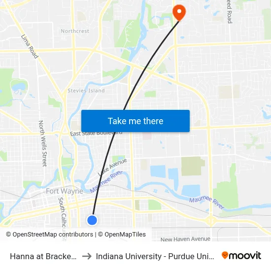 Hanna at Brackenridge (Sb) to Indiana University - Purdue University Fort Wayne map