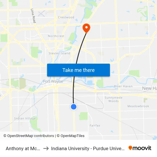Anthony at Mckee (Nb) to Indiana University - Purdue University Fort Wayne map