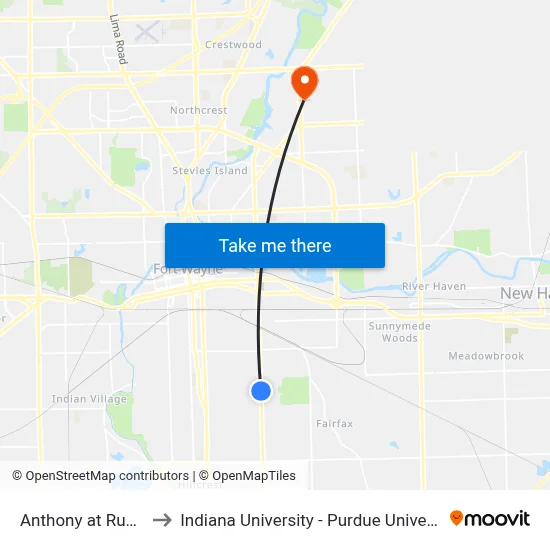 Anthony at Rudisill (Sb) to Indiana University - Purdue University Fort Wayne map
