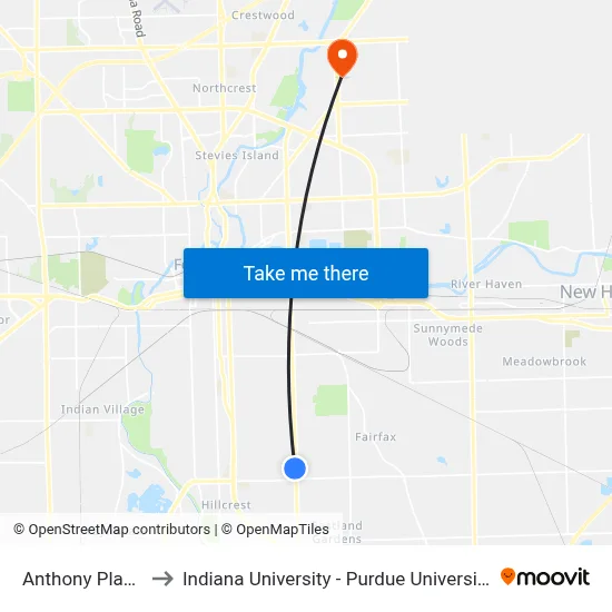 Anthony Plaza (Sb) to Indiana University - Purdue University Fort Wayne map