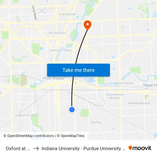 Oxford at Reed to Indiana University - Purdue University Fort Wayne map