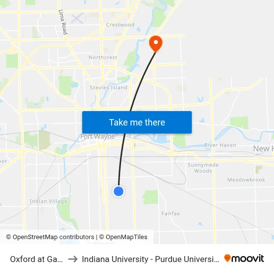 Oxford at Gaywood to Indiana University - Purdue University Fort Wayne map