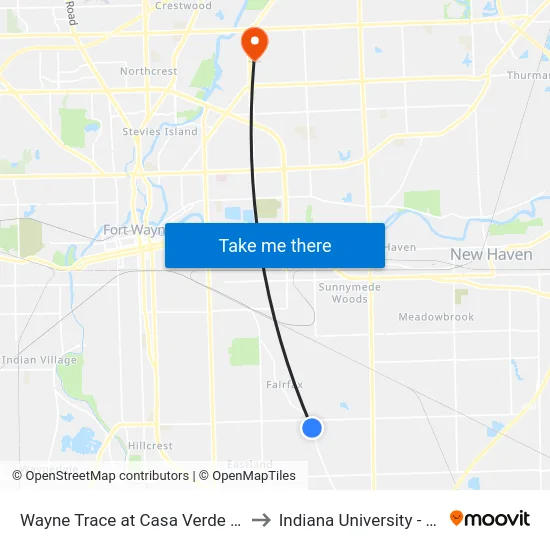 Wayne Trace at Casa Verde St (Entrance To Southwick Village) (Sb) to Indiana University - Purdue University Fort Wayne map