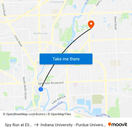 Spy Run at Elizabeth to Indiana University - Purdue University Fort Wayne map