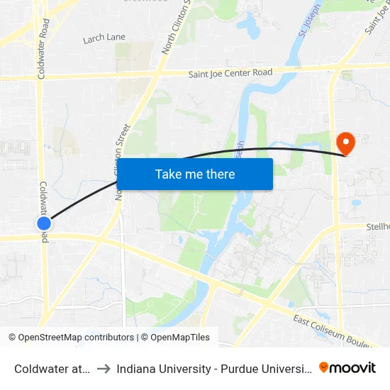 Coldwater at Noble to Indiana University - Purdue University Fort Wayne map