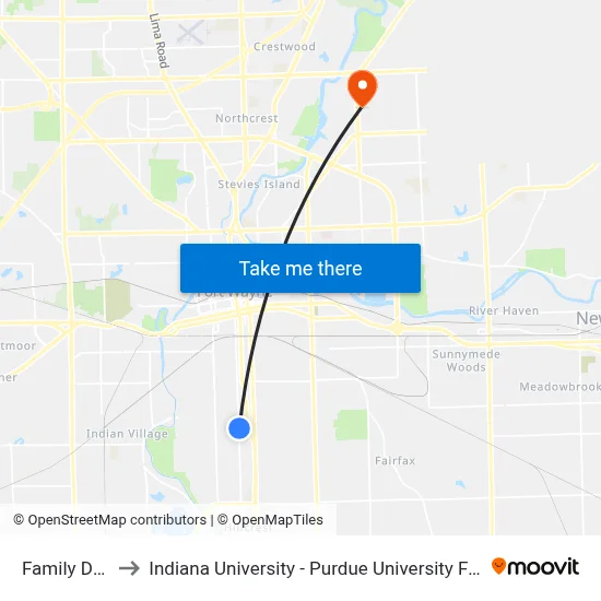 Family Dollar to Indiana University - Purdue University Fort Wayne map