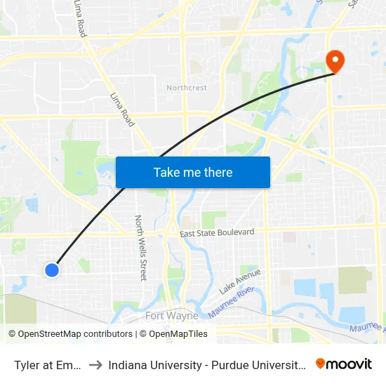 Tyler at Emerson to Indiana University - Purdue University Fort Wayne map