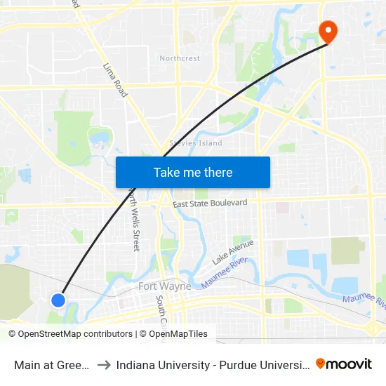 Main at Greenwood to Indiana University - Purdue University Fort Wayne map