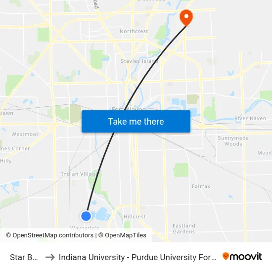 Star Bank to Indiana University - Purdue University Fort Wayne map
